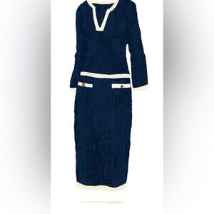 J Peterman Vivienne Pointelle Cotton Suit Navy Knit Skirt Set Classic XS/S